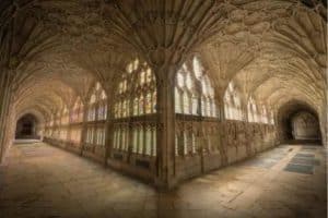 Gothic hallway in Harry Potter's school.